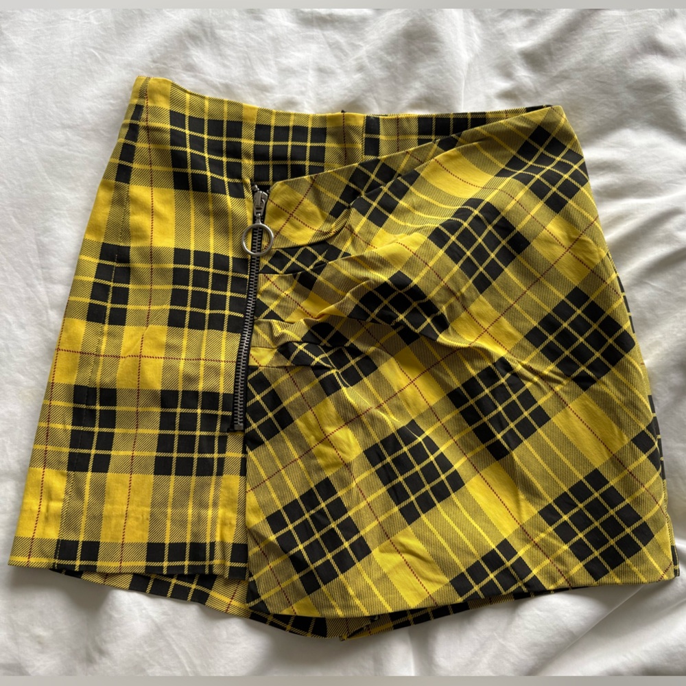 Zara Yellow and Black Checkered Midi Skirt